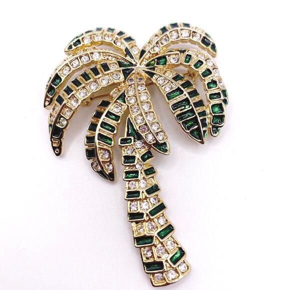 Palm Tree Rhinestones And Enamel Earrings and Brooch Set - Picture 4 of 6